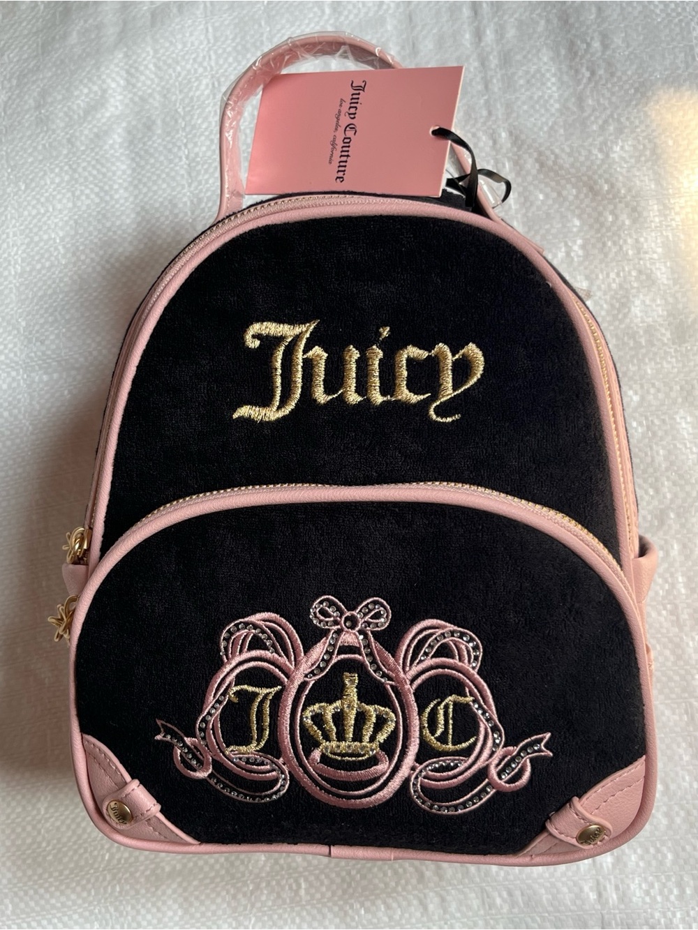 Juicy Couture Black Pink Velvet Mini Backpack with Gold Embroidery
